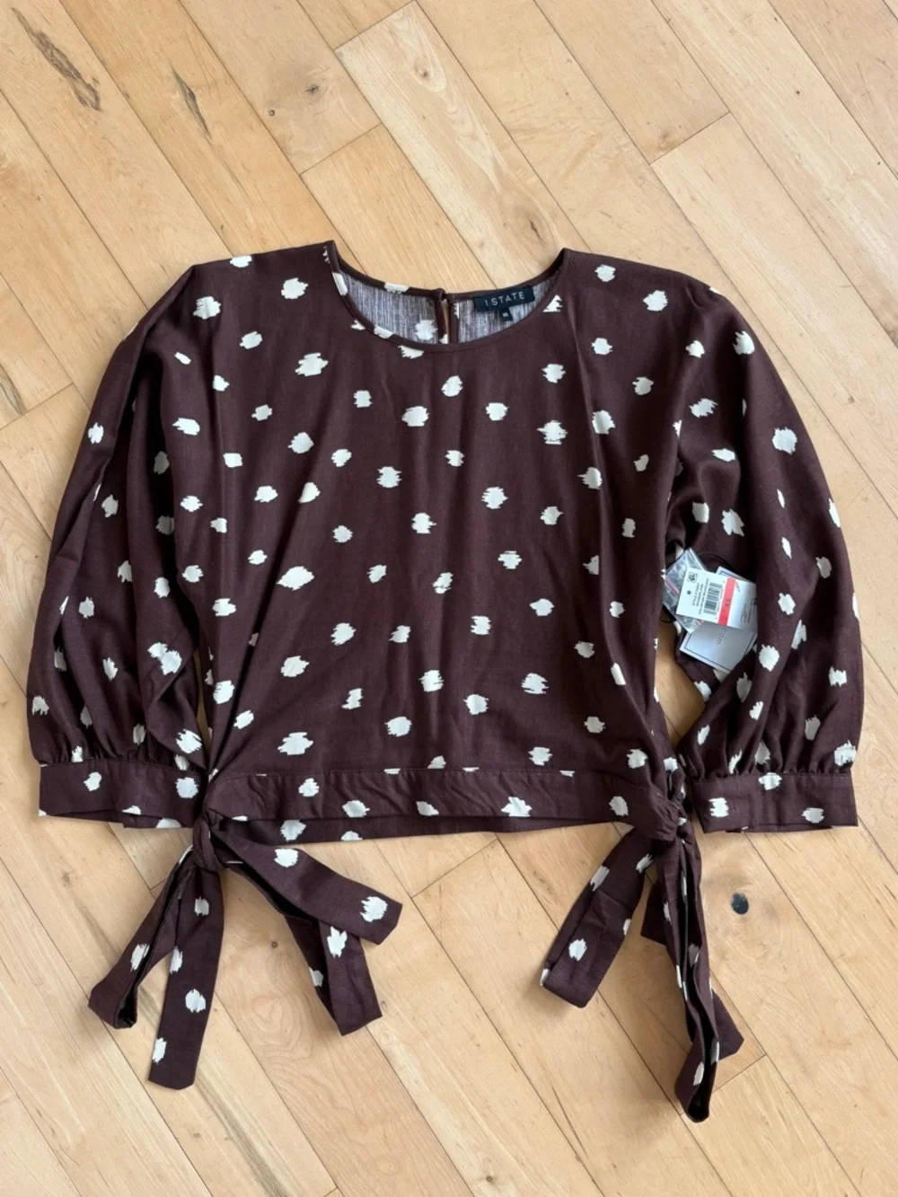1.STATE Polka Dot Brown & White Side Ties Cropped Rayon Linen Top Size XS - Picture 2 of 12